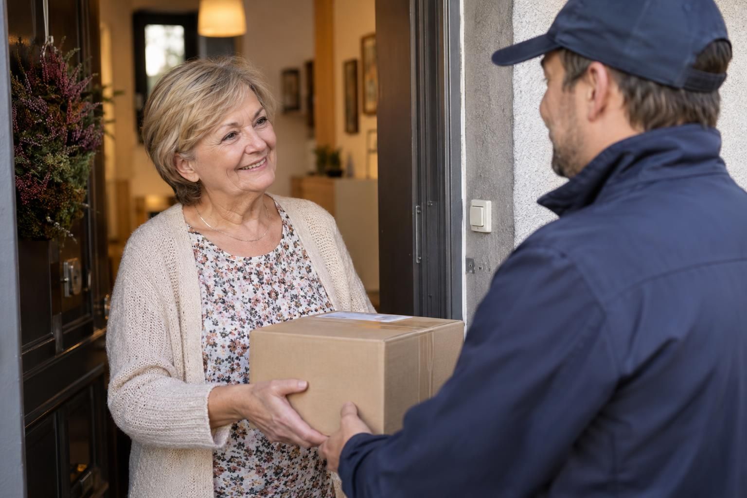 Žena koja inače čuje lošije s osmijehom preuzima paket od kurira i razumije ga bez ponavljanja, unatoč nagluhosti