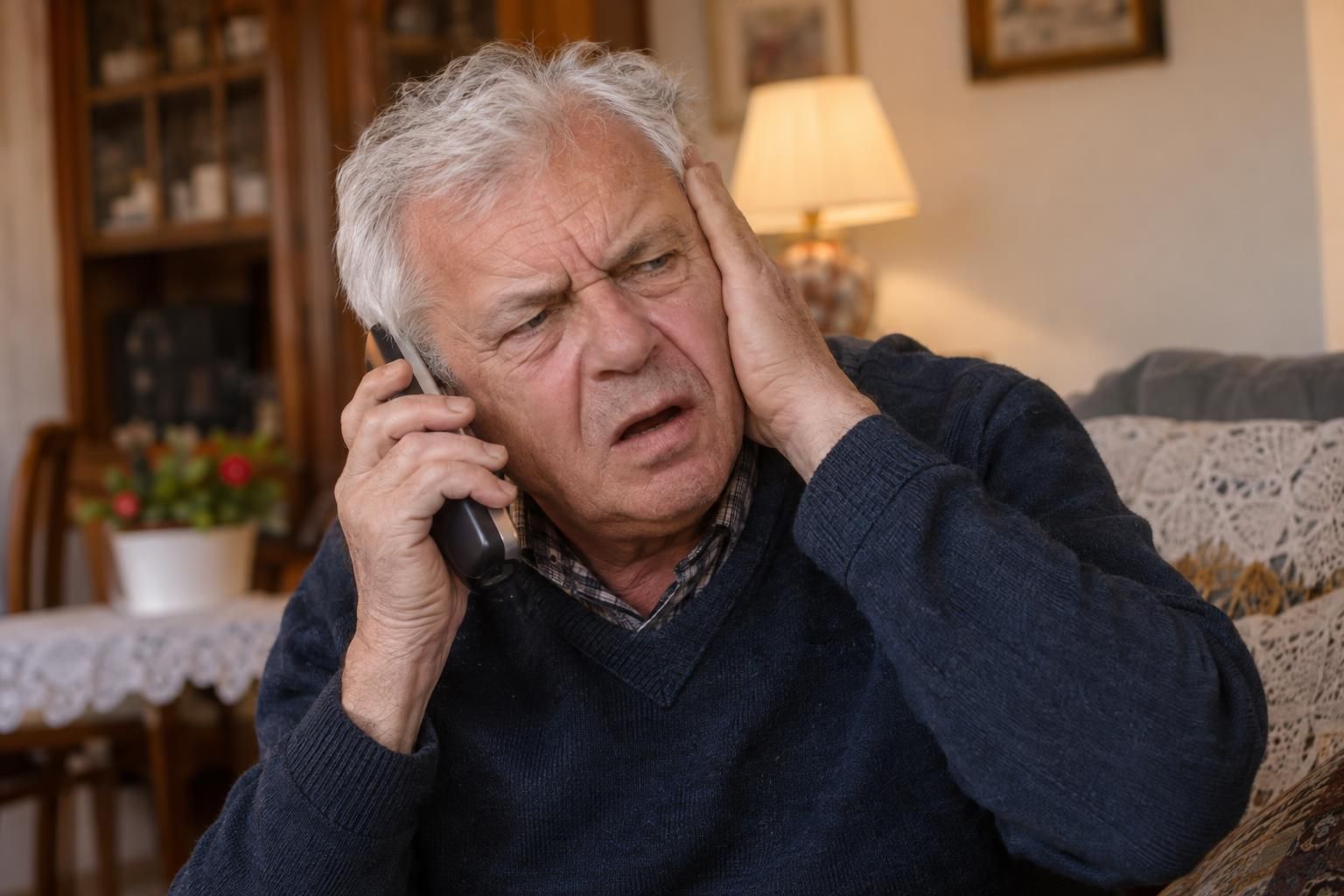 Stariji muškarac s nagluhošću pritišće telefon na uho i drugom rukom zatvara drugo uho jer slabiji sluh ne hvata riječi